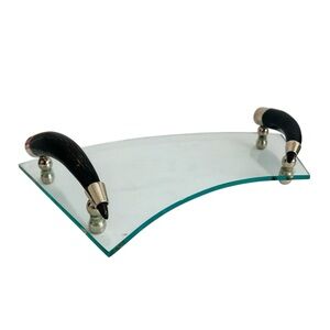 Vintage Mid Century MCM  Faux Black Bone Horn Handles Glass Vanity Tray